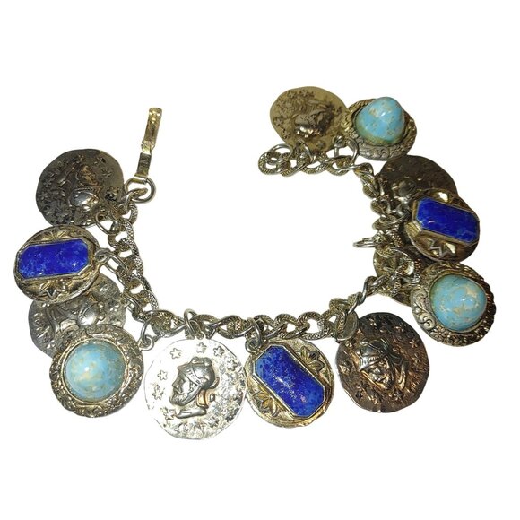 Coin Charm Bracelet Vintage Lapis Lazuli Turquoise Glass Stone Egyptian Etruscan - Picture 10 of 12